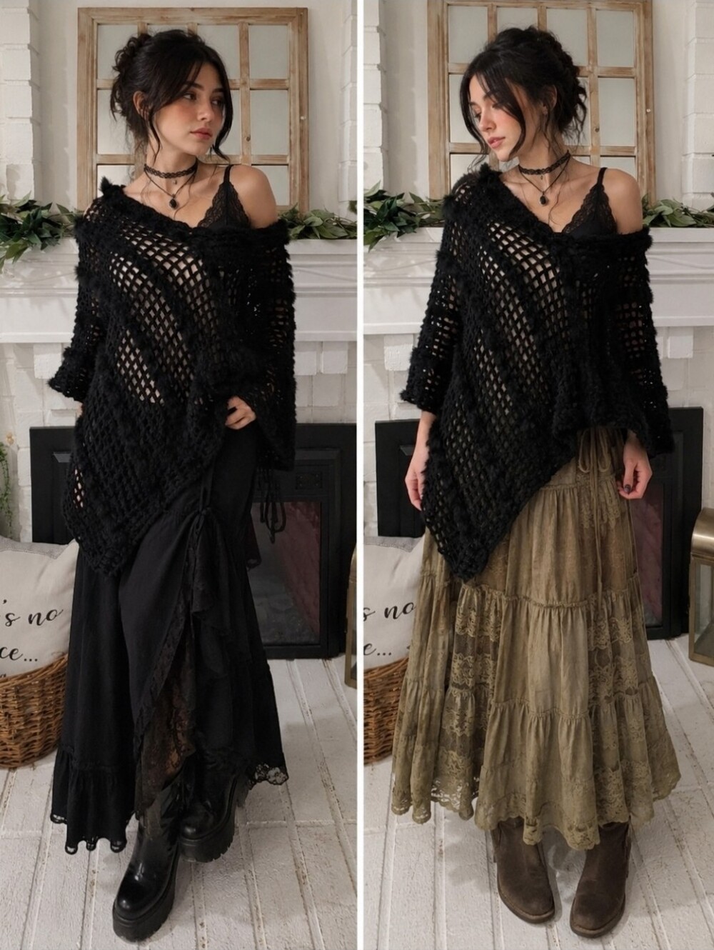 Whimsigoth Black Open-Knit Crochet Fuzzy Poncho One Size